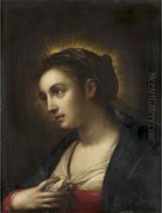 Vierge En Buste Panneau De Chene,une Planche, Non Parquete Rehauts D'or Porte by Gortzius Geldorp