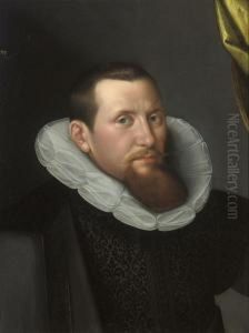 Portrait Of A Gentleman,
Bust-length, In A Black Embroidereddoublet, Black Cloat And White Ruff by Gortzius Geldorp