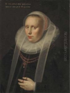 Portrait Of A Lady, Half-length,
 In A Ruff Collar And A Black Silkdress, Wearing A Gold Chain by Gortzius Geldorp