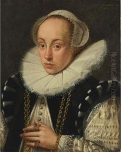 A Portrait Of A Lady, Aged 28, 
Bust Length, Wearing A Black And White Dress With A Lace Collar, A White
 Headdress, Gold Necklace And Jewellery