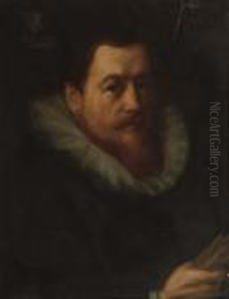 Portrait Of A Nobleman, Aged 50,
Half-length, In A Black Costumeand Molenkraag, His Gloves In His Right
Hand - view 1