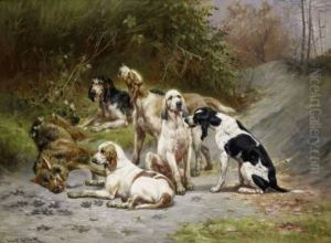 Chiens De Chasse Devant Un Loup by Jules Bertrand Gelibert