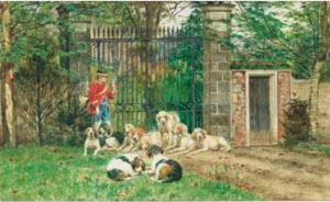 Le Depart Des Chiens Pour La 
Chasse [jules- Bertrand Gelibert And Gaston Gelibert, Dogs Waiting To Go
 Hunting, Watercolour On Paper Slighly Heightened With White, Signed Js 
And Gon Gelibert ] by Jules Bertrand Gelibert