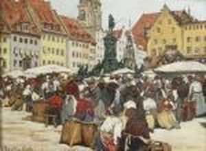 Marketplace At Nuremberg. Mixed Media On Carboard, Signed