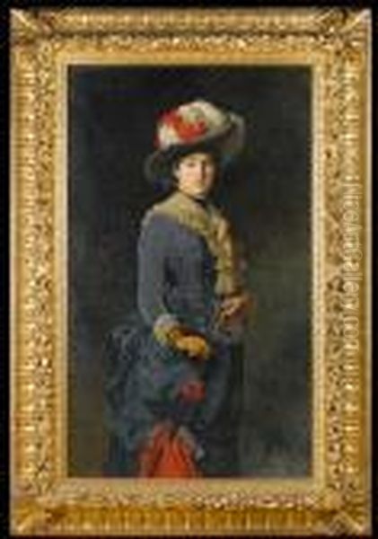 Portrait Of A Young Lady, Wearing A Blue Dressand Carrying A Parasol - view 1