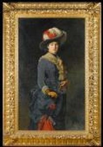 Portrait Of A Young Lady, Wearing A Blue Dressand Carrying A Parasol