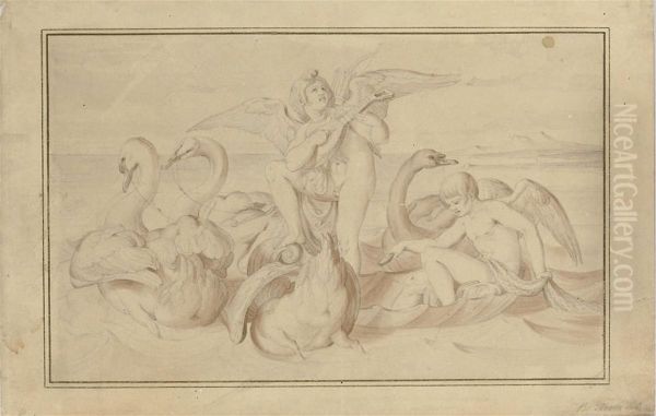 Cupid Making Music While Standing In Venus's Boat Pulled Byswans - view 1