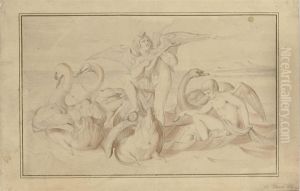 Cupid Making Music While Standing In Venus's Boat Pulled Byswans