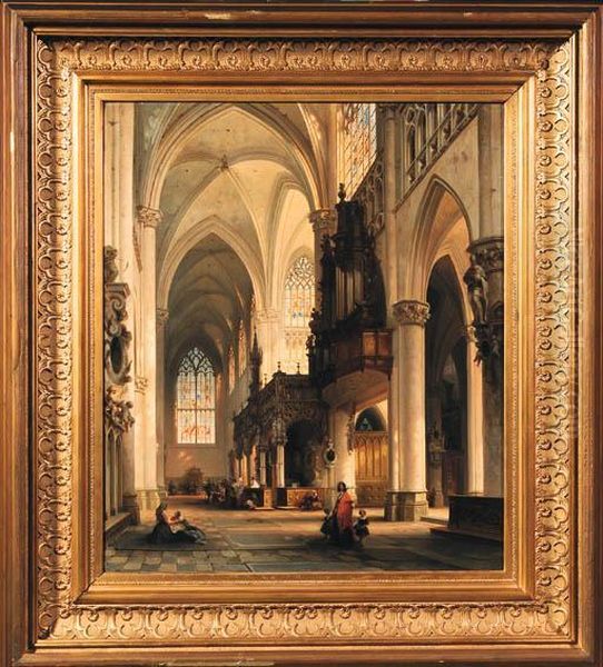 The Interior Of The St.gommarus
Church, Lier, With Worshippers Atthe Alter, A Lady With Her Children
Approaching A Beggar Woman Inthe Foreground - view 1