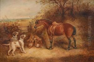 Landscape With A Grey Horse And
Two Spaniels Waiting By A Fence And A Brace Of Hanging Pheasants by George Earl