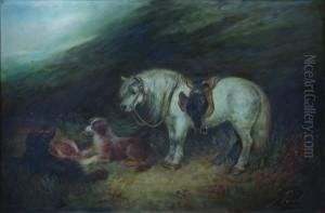 White Pony With Game And Two Setters