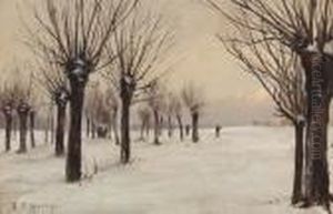 Winterlandschaft Mit Weiden Und Spaziergangern.