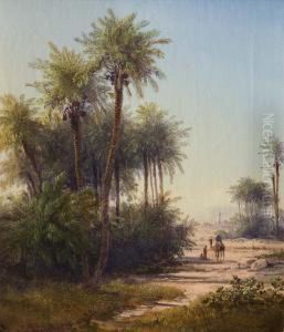 "orientalische Landschaft" Mit Palmen Und Kamelreiter