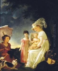 Ladies With Children And Dog Resting Under A Tree by Marguerite Gerard