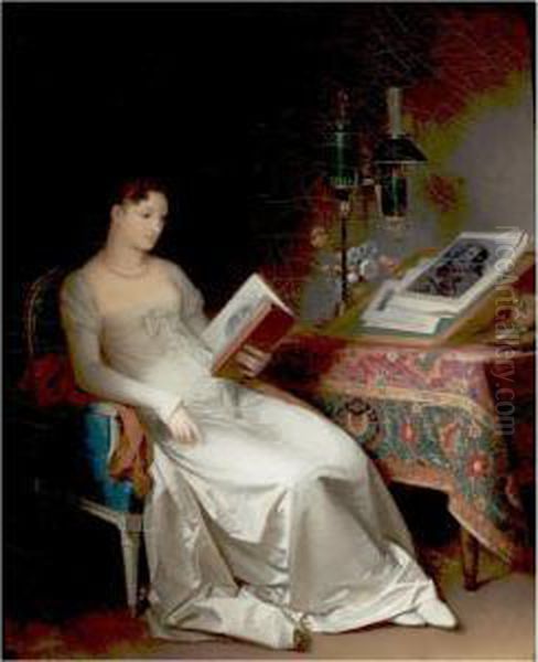An Elegant Interior With A Lady
Reading, A Lamp And Vase Of Flowers Together With A Lectern Resting On A
Table Draped With A Tapestry - view 1