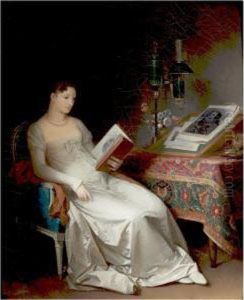 An Elegant Interior With A Lady
Reading, A Lamp And Vase Of Flowers Together With A Lectern Resting On A
Table Draped With A Tapestry by Marguerite Gerard