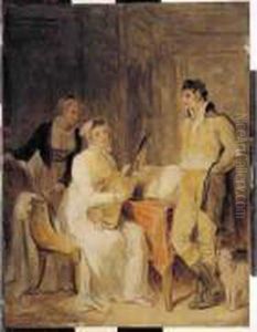 Scene D'interieur Avec Une Jeune Femmejouant De La Guitare by Marguerite Gerard