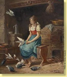 Jeunefille Et Pigeons by Simonin Gerard
