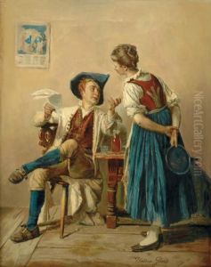 Interior Med Man Och Kvinna. Signerad. Duk Pa Panna, 40x32 by Theodore Gerard