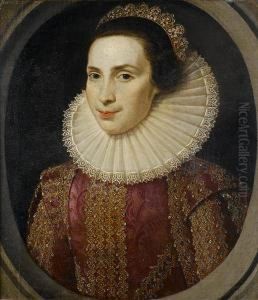 Portrait Of A Lady, Bust-length,
In A Crimsonembroidered Dress With A White Lace Ruff And A Jewelled
Headdress,within A Painted Stone Oval by Marcus Ii Gerards