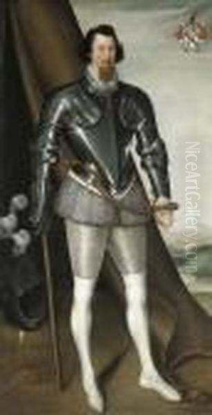 Portrait Of Sir John Needham,
Full-length, In Half-armour With Agrey Doublet And Hose, A Sword On His
Left And A Lance In His Righthand, With A Plumed Helmet Beside Him,
Beside An Open Tent In Amountainous Landscape - view 1