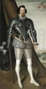 Portrait Of Sir John Needham,
Full-length, In Half-armour With Agrey Doublet And Hose, A Sword On His
Left And A Lance In His Righthand, With A Plumed Helmet Beside Him,
Beside An Open Tent In Amountainous Landscape by Marcus Ii Gerards