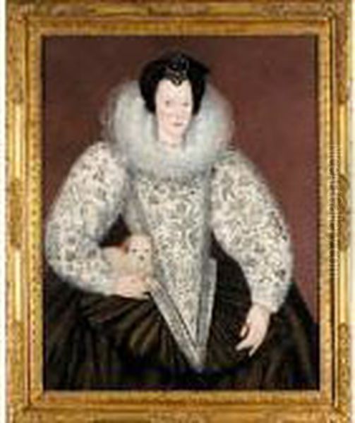 Portrait Of A Lady, 
Three-quarter Length, Standing, Wearing A White Dress Embroidered With 
Flowers And Figures Hunting, Holding A Small Dog - view 1