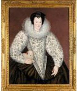 Portrait Of A Lady,
Three-quarter Length, Standing, Wearing A White Dress Embroidered With
Flowers And Figures Hunting, Holding A Small Dog by Marcus Ii Gerards