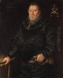 Portrait Of Stephen Bull, Master
 Gunner Of England, Half-length, Ina Black Doublet And A Gorget, His 
Left Hand Resting On The Hilt Ofhis Sword by Marcus Ii Gerards