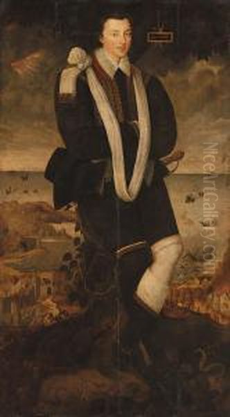 Portrait Of A Gentleman,
Full-length, Leaning Against A Tree Trunkin An Embroidered Doublet With A
White Sash, With Serpents Andtoads At His Feet, And Houses On Fire By
The Coast In Thebackground, With Warships In Distress Beyond - view 1