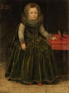 Portrait Of A Young Girl, Aged 
2, Full-length, In A Green Velvetdress, Holding Pansies With A Robin On A
 Draped Table, In Aninterior