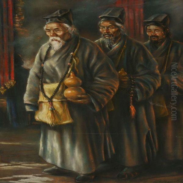 Three Taoist Monks In Procession - view 1