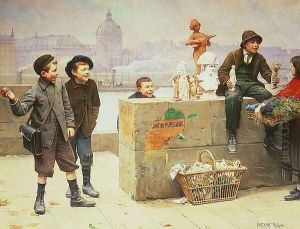Young Pedlars on the Pont Des Arts, Paris by Paul Charles Chocarne-Moreau