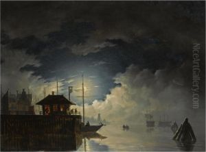 A Moonlit Harbour With A Ferry In The Foreground by Hendrik Gerrit ten Cate