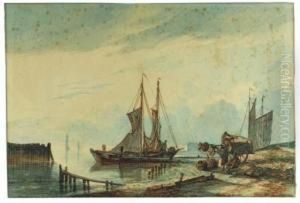 Fishing Boats Moored By A Jetty, Tradesmen And A Horse-drawn Carton The Beach by Hendrik Gerrit ten Cate