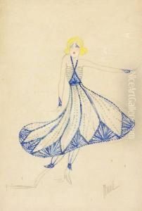 A Large Pencil And Watercolour Costume Design For Mistinguett A Large Pencil And Watercolour Costume Design For Mistinguett