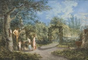 Vue D'un Parc, Avec Deux Femmes Et Un Enfant Devant Une Statue by Salomon Gessner