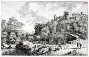 Bewaldeter Hugel Mitantiker Burg Am Fluss Mit Bogenbrucke by Salomon Gessner