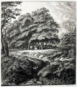 Baumgruppe Mitviehherde Und Lesendem Mann