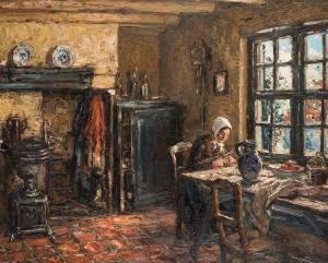 Femme Attablee Dans Un Interieur by Albert Geudens