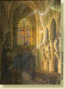 Interieur D'eglise Anime, Fusain
 Et Aquarelle Sur Papiercolle Sur Toile. Signe En Bas Au Milieu A. 
Geudens. Ecole Belge.(**). Dim.: 99x72 Cm by Albert Geudens