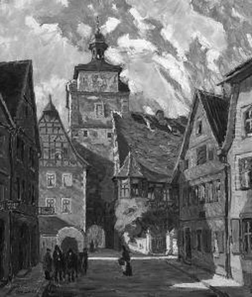 "der Weise Turm Und
Das Judentanzhaus In Rothenburg". Sign., Rucks. Auf Keilrahmen Bez.
Und Betitelt "abend In Einem Main-stadtchen". Ol Auf Lwd. 60 X 50,5
Cm. Rahmen - view 1