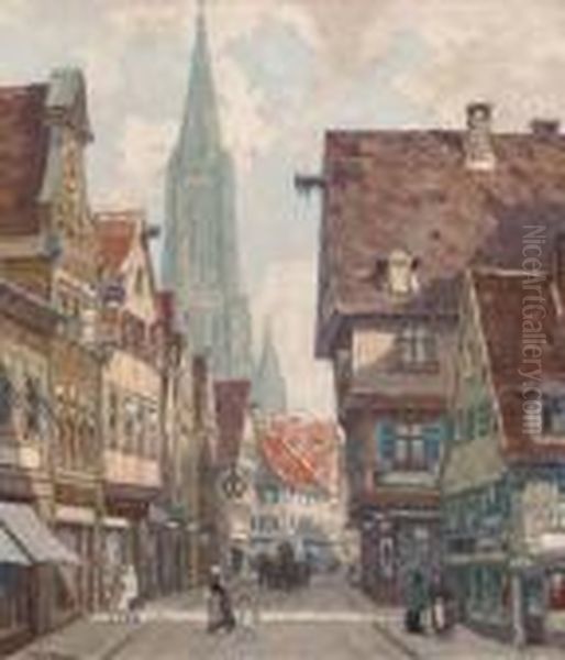 Figures In A North European Street, A Cathedral Beyond - view 1