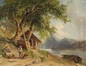 Hutte Mit Bauerin Undziegen Am Fluss by Georg Geyer