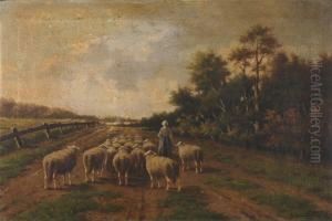 Shepherdess With Herflock by Adriaan Marinus Geijp