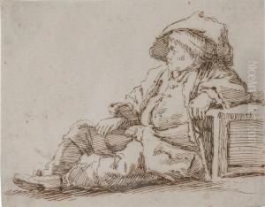 Enfant Assis Sur Le Sol, Accoude Sur Une Caisse Et Portant Un Chapeau