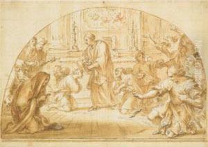 Disegno Per Una Lunetta: Fedeli Inginocchiati Ricevono La Comunione by Pier Leone Ghezzi