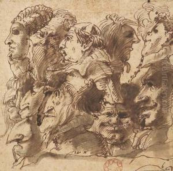Un Homme Tenant Un Masque Et Neuf Caricatures De Prelats Et Autresfigures, L'une Fumant - view 1