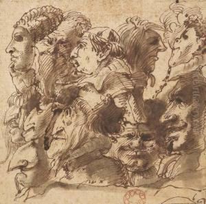 Un Homme Tenant Un Masque Et Neuf Caricatures De Prelats Et Autresfigures, L'une Fumant