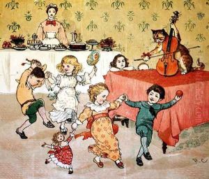The Cat and the Fiddle and the Children's Party illustration from Hey Diddle Diddle by Randolph Caldecott